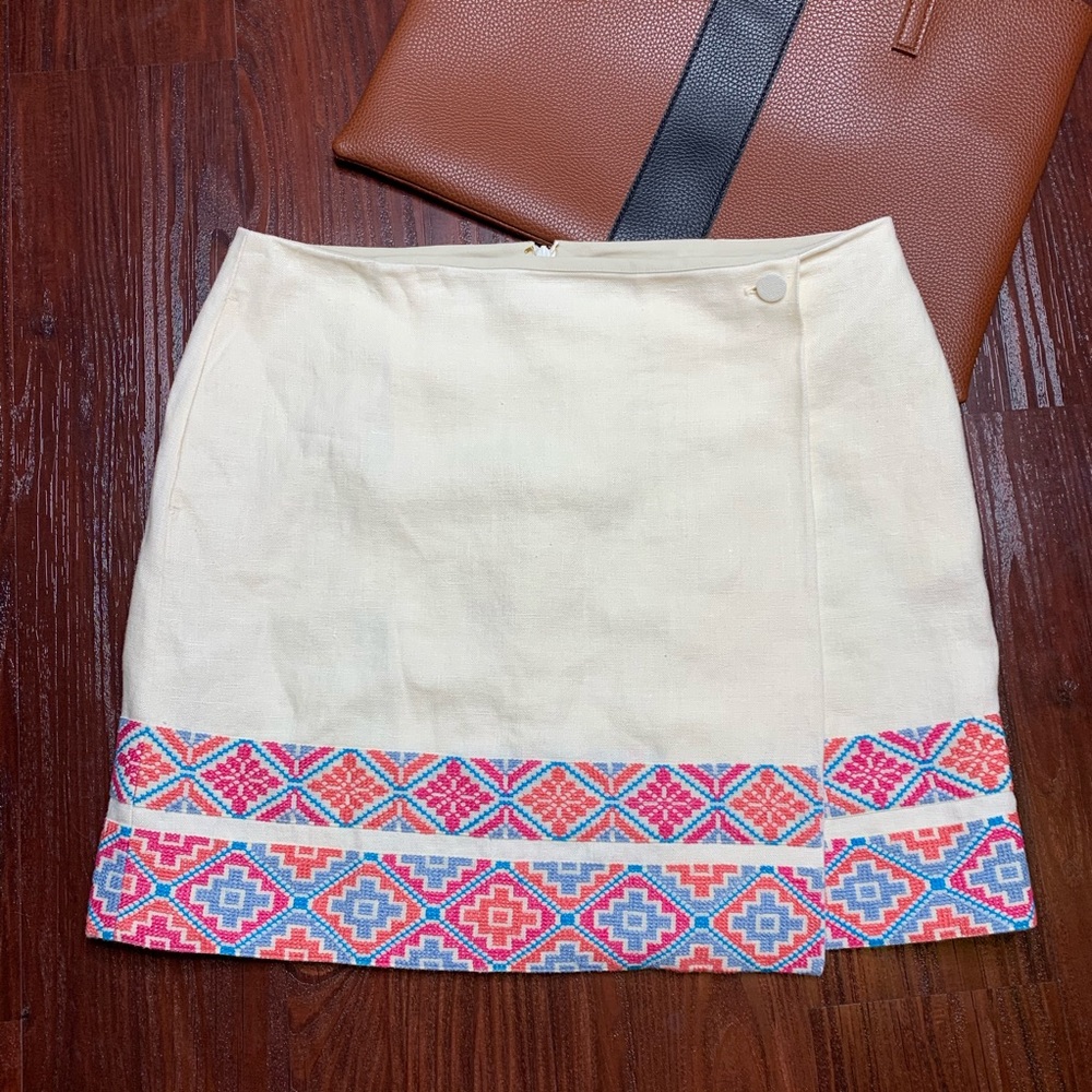 Tory Burch Linen Embroidered Faux Wrap Skirt